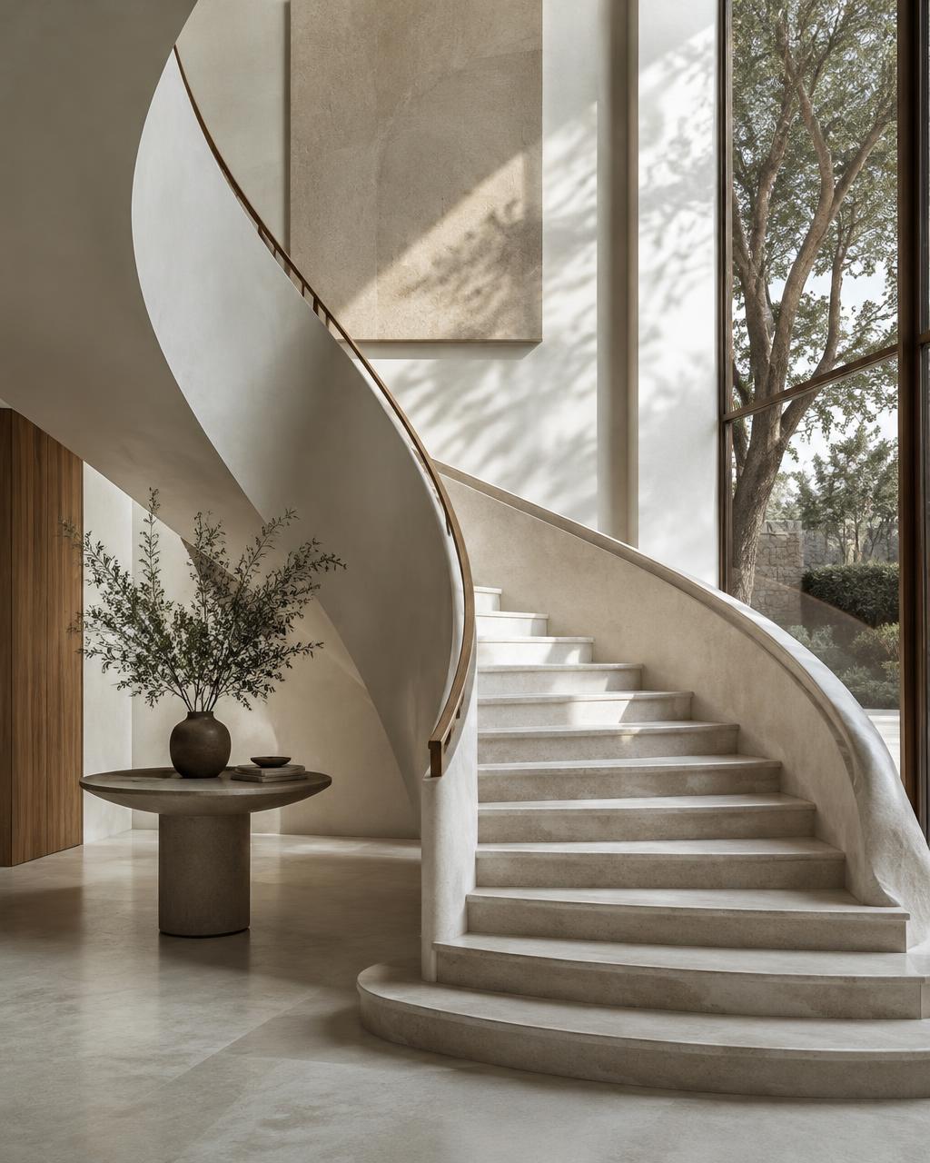 Hochwertige Architektur mit einer skulpturalen Treppe und natürlichem Licht